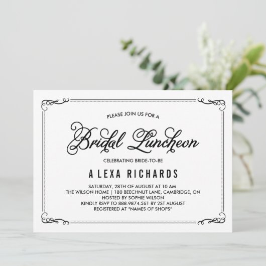 Zwarte Whimsical Borders Bridal Luncheon Kaart (Staand voorkant)