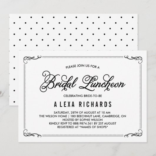 Zwarte Whimsical Borders Bridal Luncheon Kaart (Voorkant / Achterkant)