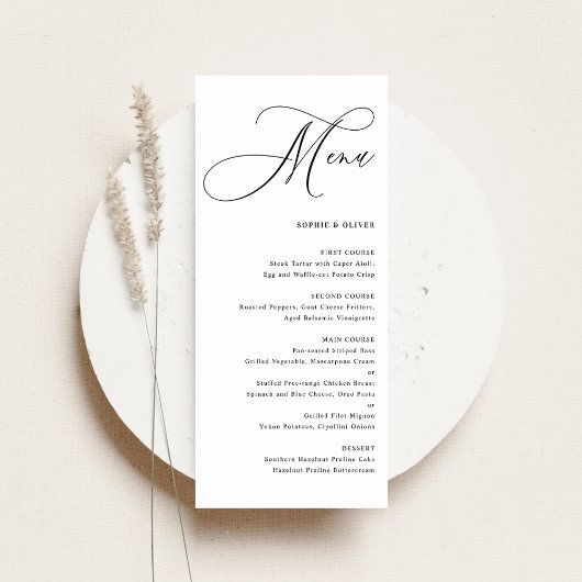 Zwarte Whimsical Calligrafie Bruiloft Menu