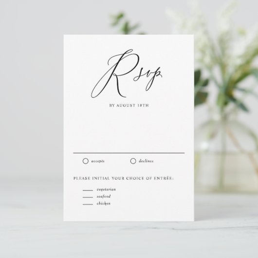 Zwarte Whimsical Calligraphy Bruiloft RSVP Kaartje (Staand voorkant)