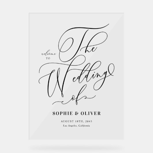 Zwarte Whimsical Calligraphy Trouw Welkom Acryl Bord (Voorkant)