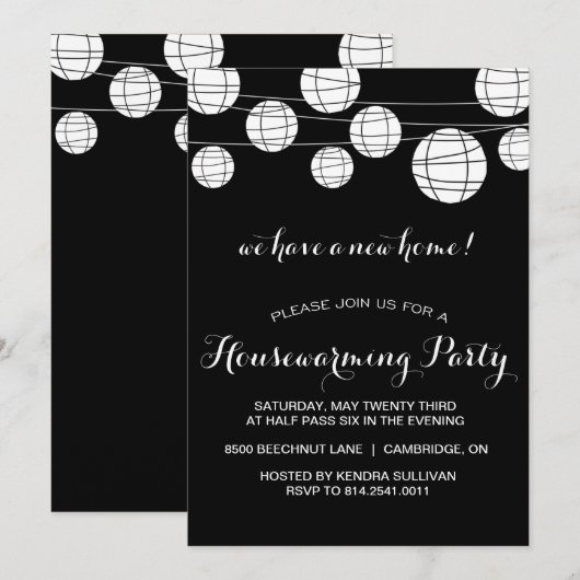 ZWARTE WHITE LANTERNS HOUSEWARMING PARTIJ INVITATI KAART (Voorkant / Achterkant)