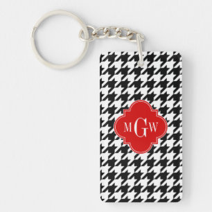Zwarte Wht Houndstooth Rode Quatrefoil 3 Monogram Sleutelhanger