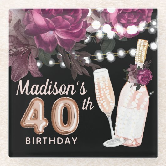 Zwarte wijn - Aangepaste Luxe 40e verjaardag Glazen Onderzetter (Voorkant)