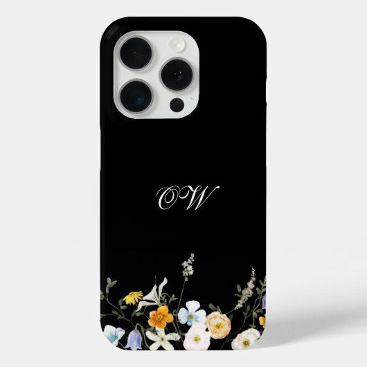 Zwarte Wildbloem Bloemen Elegante Initialen Monogr Case-Mate iPhone Case (Achterkant)