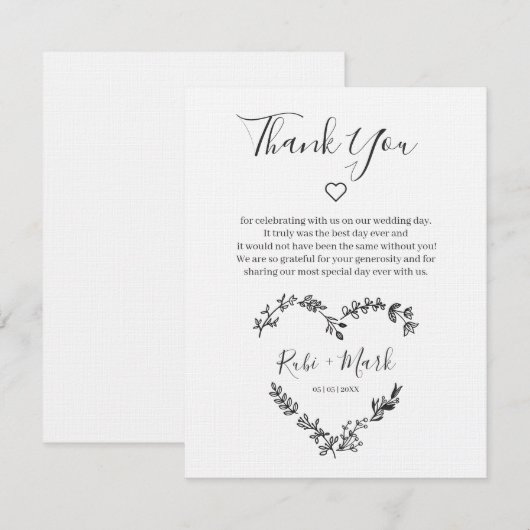 Zwarte Wildbloemen Hart voor bruiloft Bedankkaart (Voorkant / Achterkant)