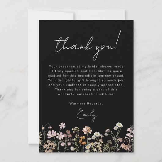 Zwarte Wilde Bloem Boho Bruidsdouche Bedankkaart (Voorkant)