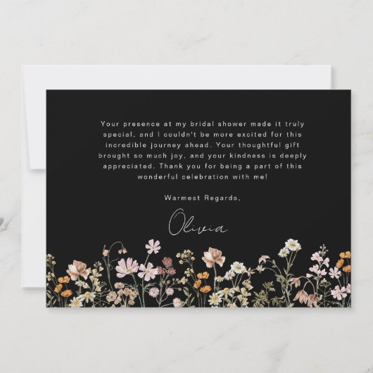Zwarte Wilde Bloem Bruidsfeestje Bedankkaart (Achterkant)
