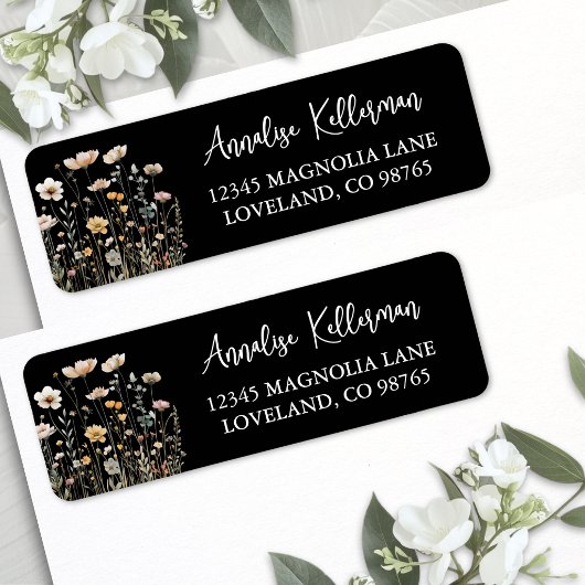 Zwarte Wilde Bloem Florale Retouradres Etiket
