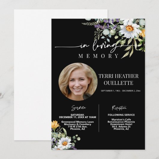 Zwarte wilde bloemen begrafenis herdenkingsdienst  kaart (Voorkant / Achterkant)