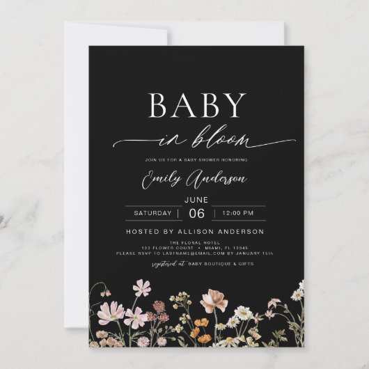 Zwarte Wildflower Baby in Bloom Baby shower Kaart (Voorkant)