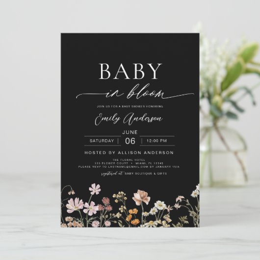 Zwarte Wildflower Baby in Bloom Baby shower Kaart (Staand voorkant)