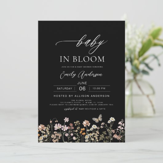 Zwarte Wildflower Baby in Bloom Baby shower Kaart (Staand voorkant)