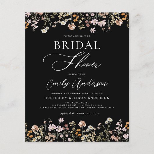 Zwarte Wildflower Bruidsdouche Uitnodiging Flyer (Voorkant)