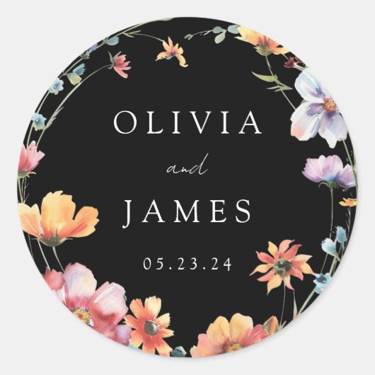 Zwarte Wildflower krans Zomer bruiloft Ronde Sticker (Voorkant)