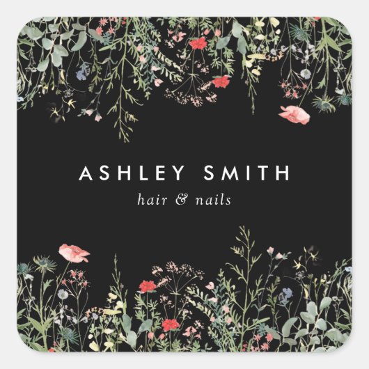 Zwarte Wildflower Meadow Vierkante Sticker (Voorkant)