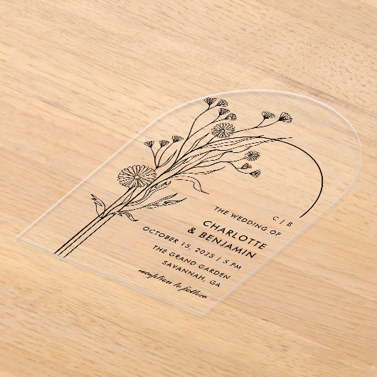 Zwarte Wildflower Moderne Minimalistische Boog Wed Acryl Uitnodigingen (Laagn)