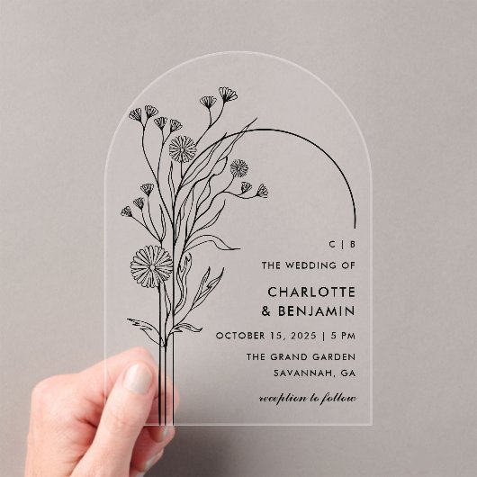 Zwarte Wildflower Moderne Minimalistische Boog Wed Acryl Uitnodigingen (Insitu (Draagbaar))