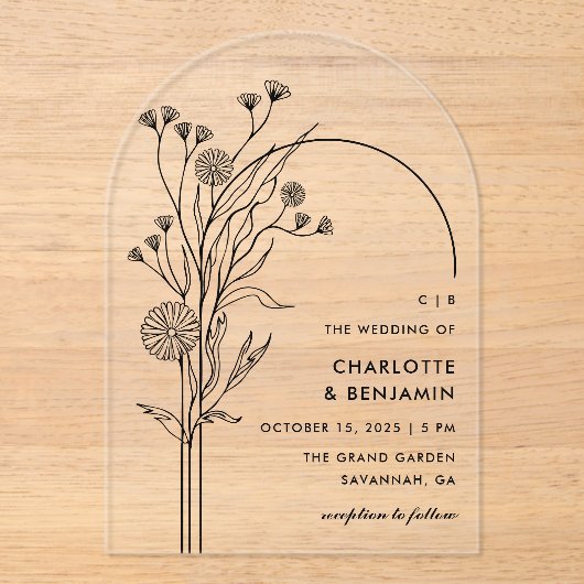 Zwarte Wildflower Moderne Minimalistische Boog Wed Acryl Uitnodigingen (Voorkant)