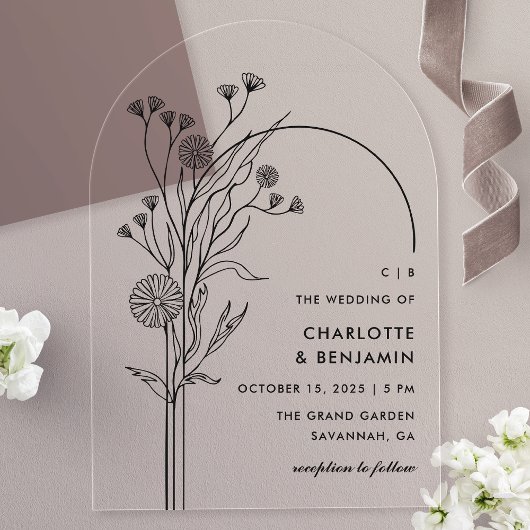 Zwarte Wildflower Moderne Minimalistische Boog Wed Acryl Uitnodigingen