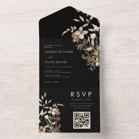 Zwarte Wildflower Tuin Herfst Botanische bruiloft All In One Uitnodiging (Binnen)