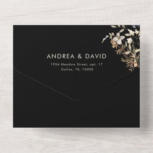 Zwarte Wildflower Tuin Herfst Botanische bruiloft All In One Uitnodiging (Achterkant)