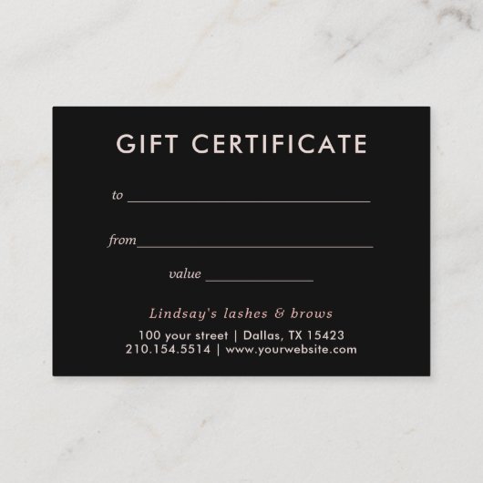 Zwarte Wimpers Make-up Artiest Gift Certificaat Aanbevelingskaartje (Achterkant)