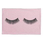 Zwarte wimpers op roze en witte pin dot patroon kussensloop (Achterkant-Links)