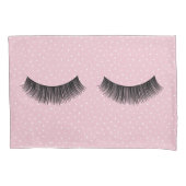 Zwarte wimpers op roze en witte pin dot patroon kussensloop (Voorkant-Links)