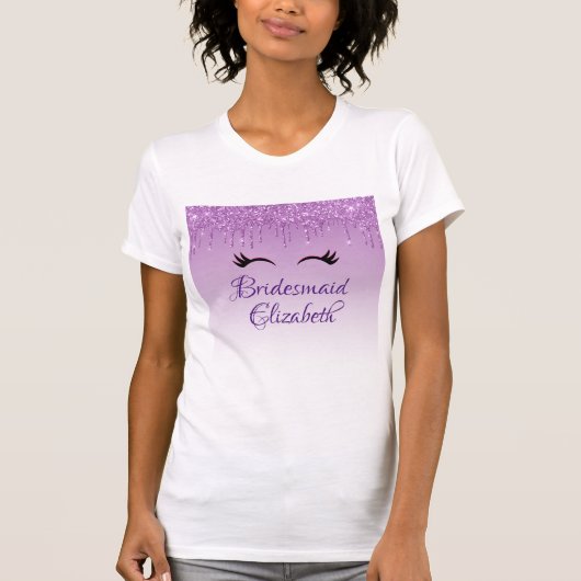 Zwarte Wimpers & Paarse Glitter Bruidsmeisje T-shirt (Voorkant)