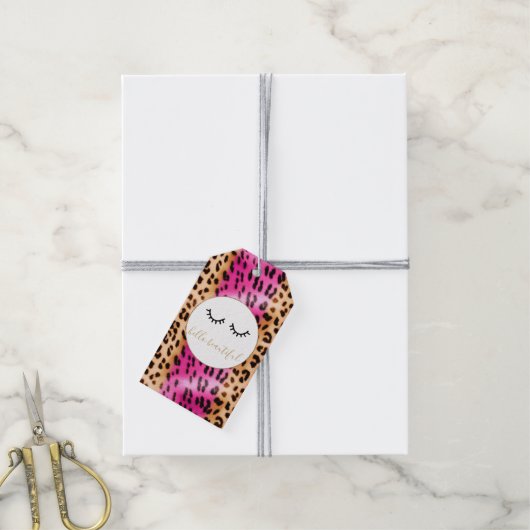 Zwarte wimpers roze crème luipaard cadeaulabel (Met Touw)
