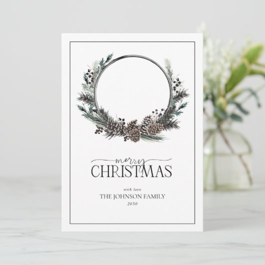 Zwarte Winter Bes Krans Kerstmis Script H Feestdagenkaart (Staand voorkant)