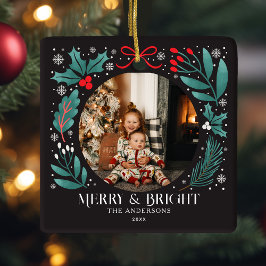 Zwarte Winter Botanicals Kerstfoto Keramisch Ornament