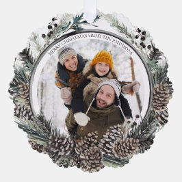 Zwarte Winter Pine Vrolijke Kerstmis Foto krans Ornament Kaart