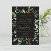 Zwarte Winterbesblad Botanisch Monogram Trouwfeest Kaart (Staand voorkant)