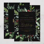 Zwarte Winterbesblad Botanisch Monogram Trouwfeest Kaart (Voorkant / Achterkant)