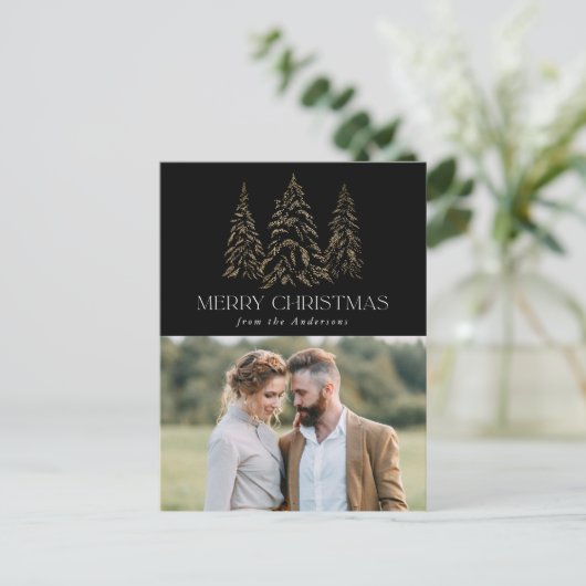 Zwarte winterpine kerstfoto feestdagenkaart (Staand voorkant)