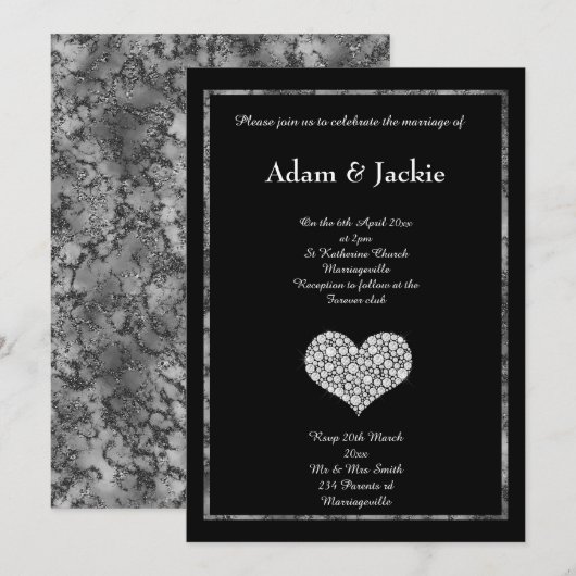 ZWARTE WIT-MARBLE DIAMOND HEART WEDING KAART (Voorkant / Achterkant)