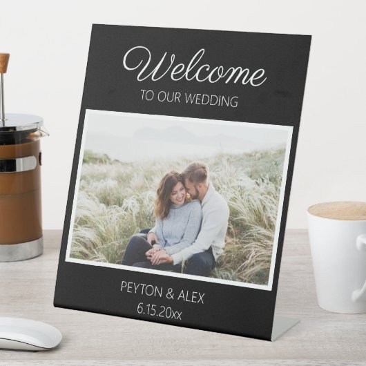 Zwarte Wit Weddenschap Welkomstnamen Foto Datum Reclamebord Met Voetstuk (Insitu)