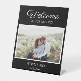 Zwarte Wit Weddenschap Welkomstnamen Foto Datum Reclamebord Met Voetstuk
