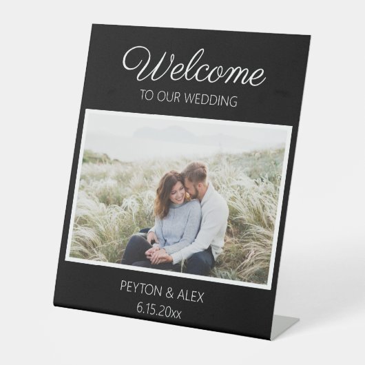 Zwarte Wit Weddenschap Welkomstnamen Foto Datum Reclamebord Met Voetstuk (Voorkant)