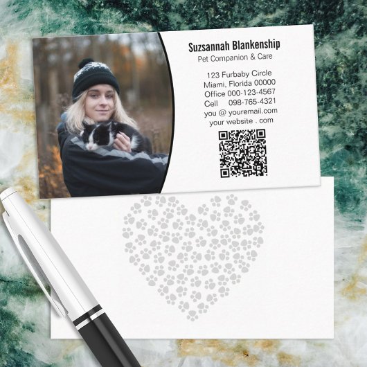 Zwarte Witte aangepaste QR-code en foto van Pet Ca Visitekaartje