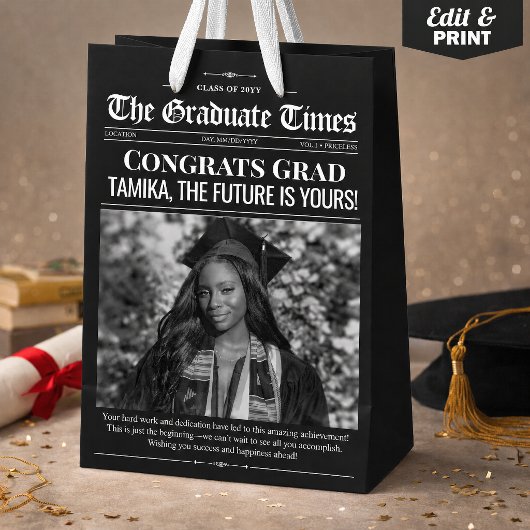 Zwarte Witte Afstudeerkrant Zak Geschenk Medium Cadeauzakje