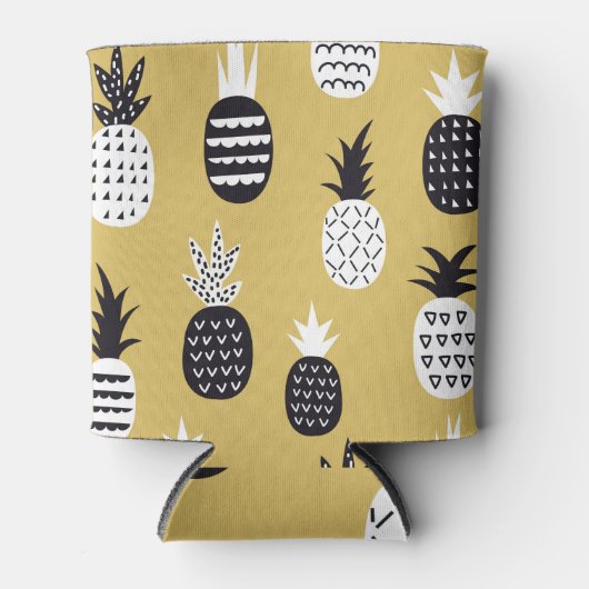 Zwarte, witte ananas, gele achtergrond blikjeskoeler (Voorkant)
