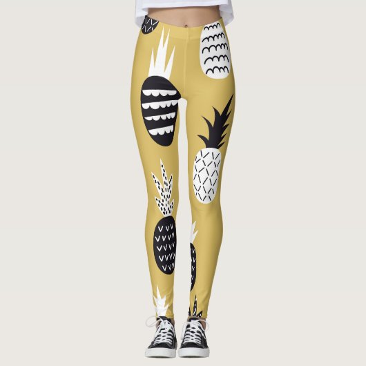 Zwarte, witte ananas, gele achtergrond leggings (Voorkant)