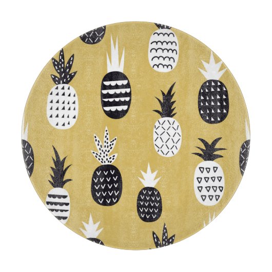 Zwarte, witte ananas, gele achtergrond snijplank (Voorkant)