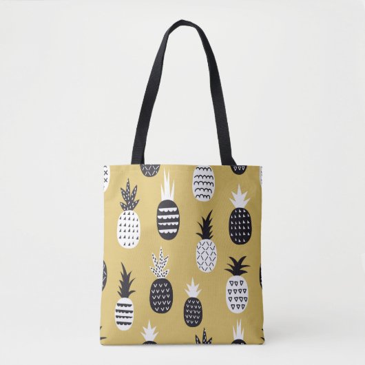 Zwarte, witte ananas, gele achtergrond tote bag (Voorkant)