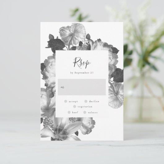 Zwarte witte Antiek  Floral Wedding RSVP Kaartje (Staand voorkant)