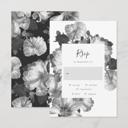 Zwarte witte Antiek  Floral Wedding RSVP Kaartje (Voorkant / Achterkant)