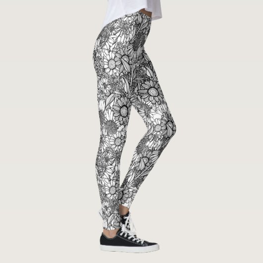 Zwarte & Witte Australische Wildflower Garden Leggings (Rechts)